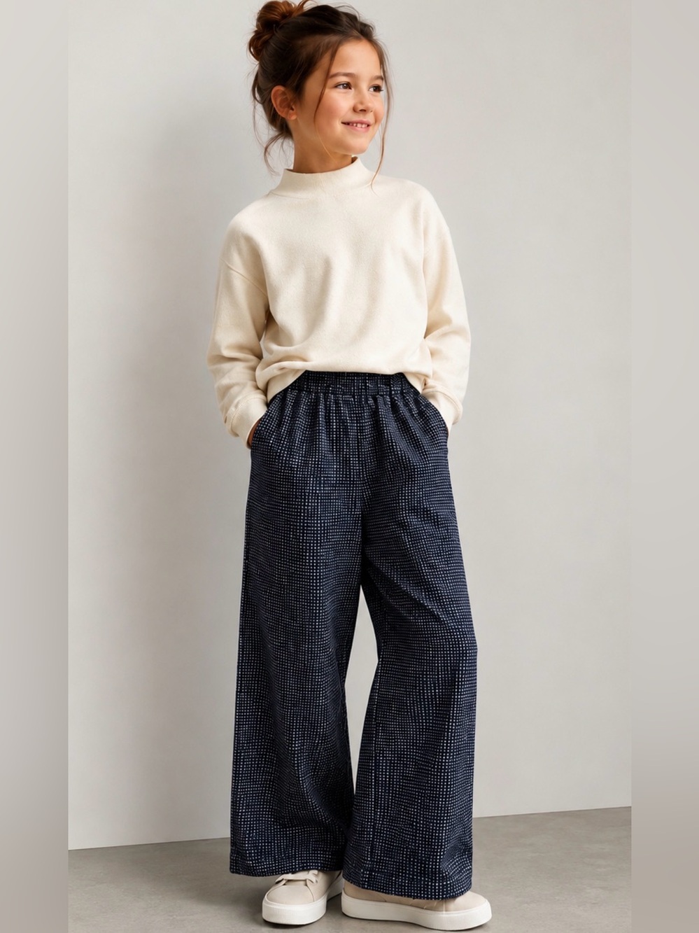 Zara Kids Navy Check Wide-Leg Elastic-Waist Pants – Size 13-14 / 164 – Excellent